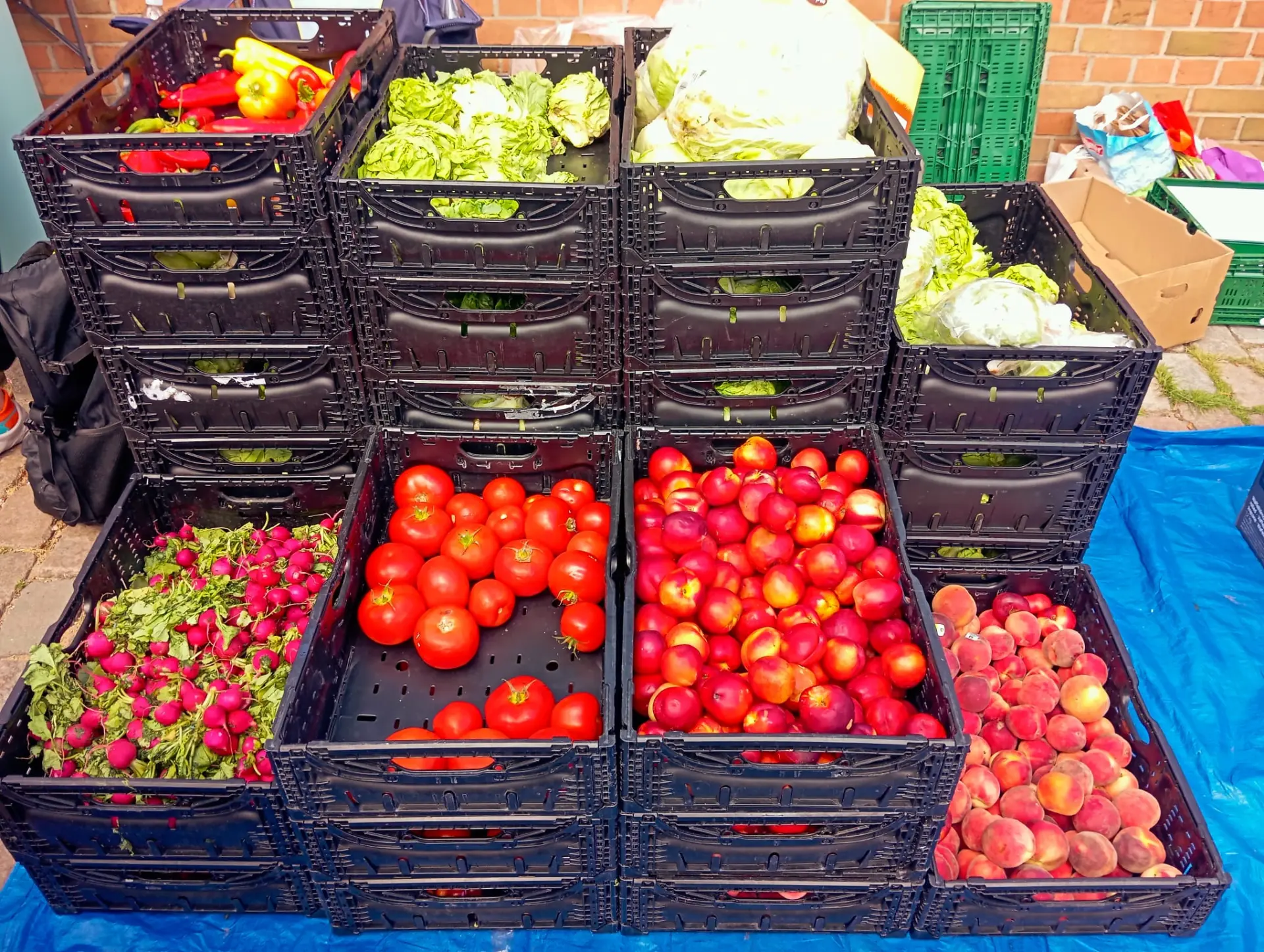 Gestapelte Kisten mit Paprika, Salat, Tomaten und Obst vor der Ausgabe